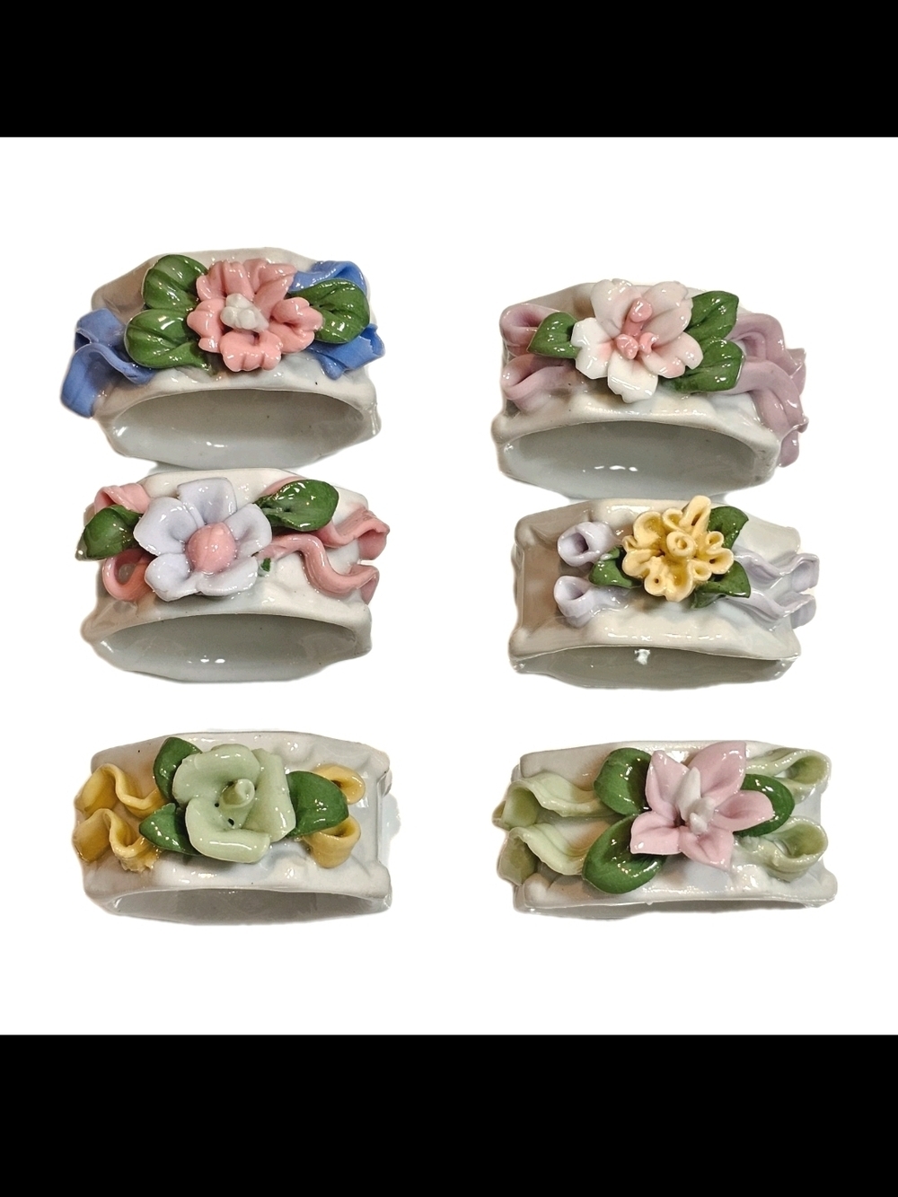 6 Vintage White Floral Porcelain Napkin Ring Holders